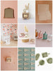 Grid of 6 images showing 1:12 dollhouse accessories: wall mirror, wooden side table with peace sign, checkered pink rug, foot stools, fluted table with stack of books, green ceramic cookware, floral wallpaper, side table with plant, glass canisters