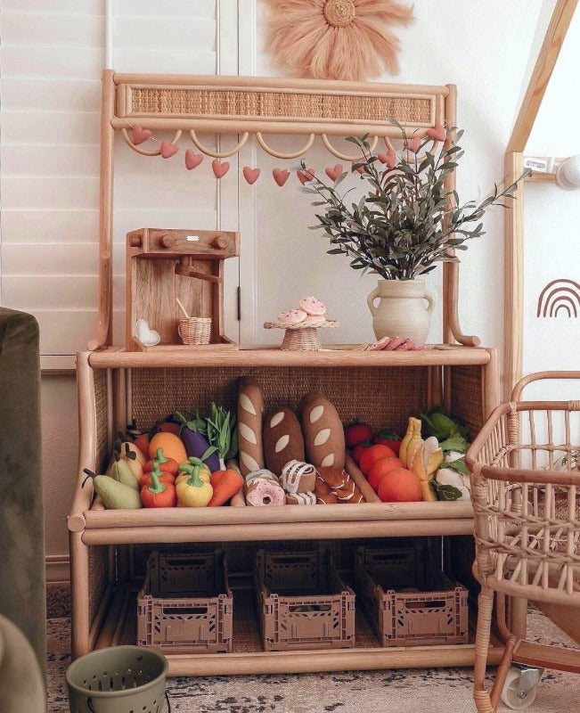 Little Rattan Shop Stall + Play Tray + Felt Fruit Bundle